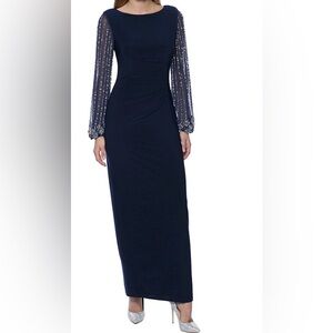 Elegant Navy Blue Dress with Beaded Sleeves